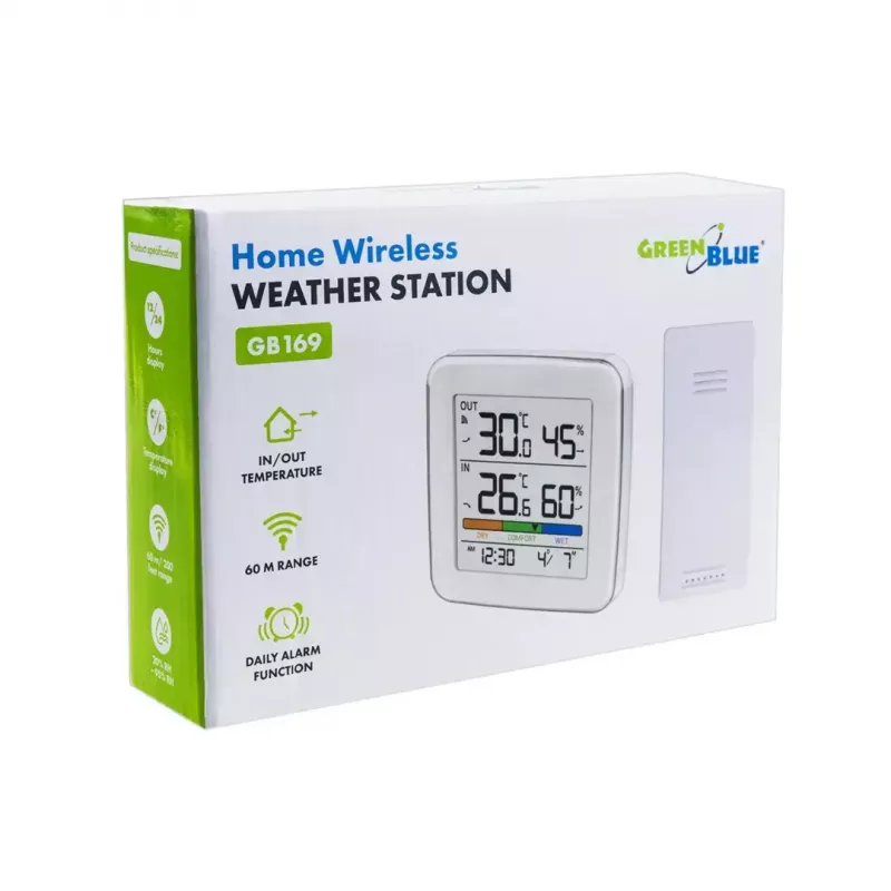 Belaidė meteorologinė stotelė GreenBlue GB169 – temperatūra ir drėgmė patalpoje bei lauke, laikrodis, žadintuvas, veikimo nuotolis iki 60 m, galimybė pasirinkti °C/°F
