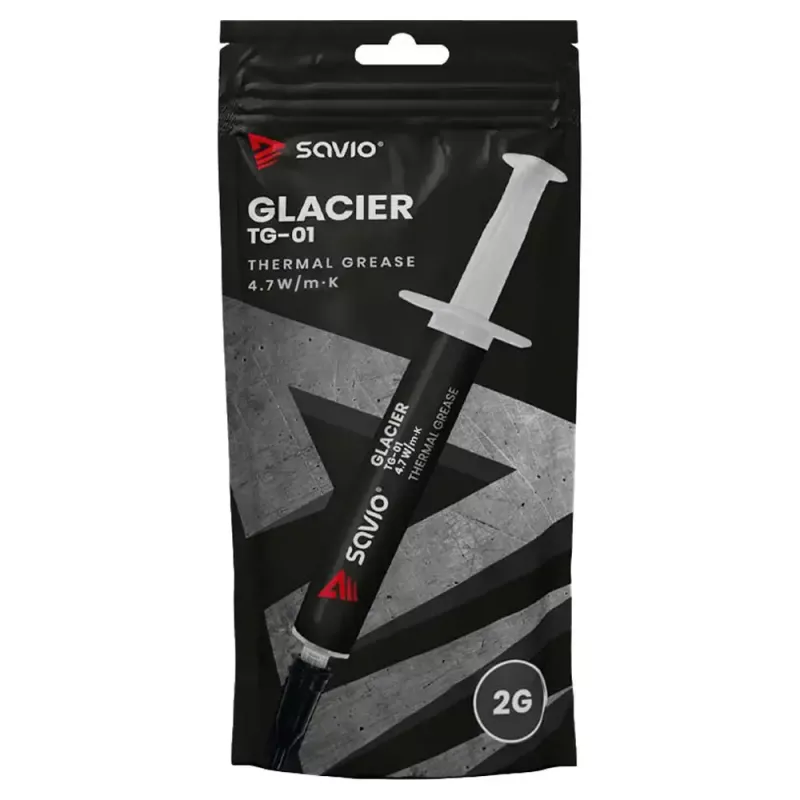 Termopasta SAVIO TG-01 2G — šilumos laidumas 4,7 W/m·K, 2 ml, pilka/juoda