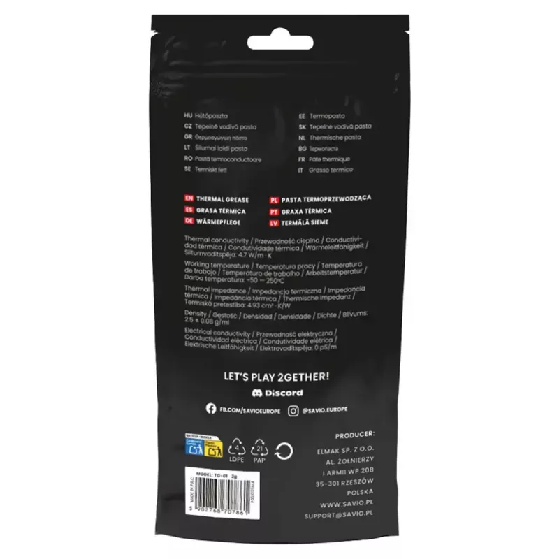 Termopasta SAVIO TG-01 2G — šilumos laidumas 4,7 W/m·K, 2 ml, pilka/juoda
