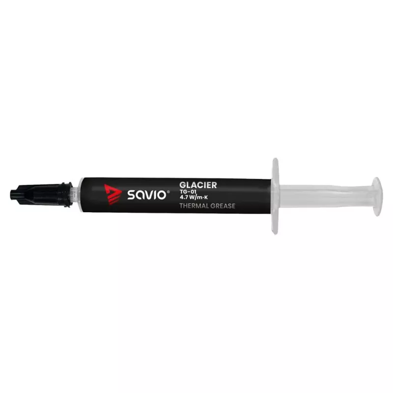 Termopasta SAVIO TG-01 2G — šilumos laidumas 4,7 W/m·K, 2 ml, pilka/juoda