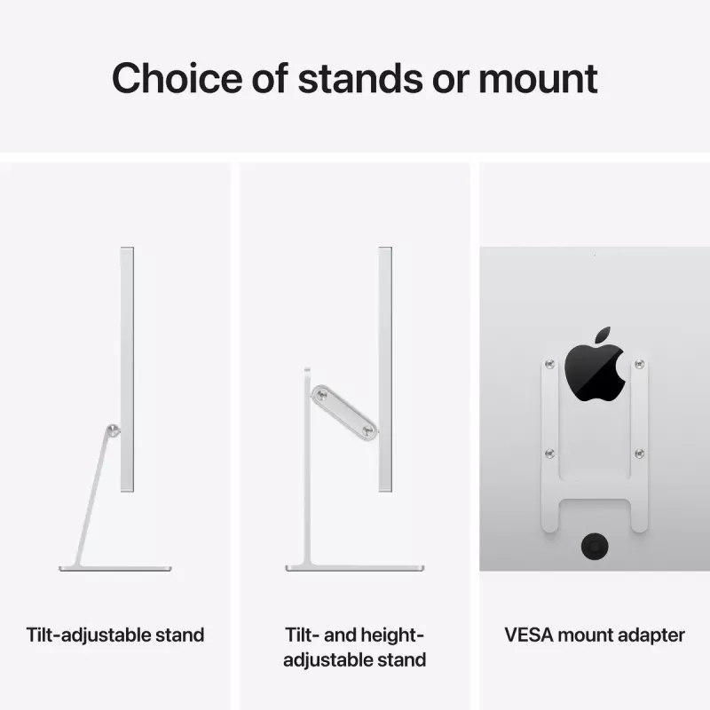 Monitorius Apple Studio Display 27 colių 5K Ultra HD LED — standartinis stiklas, reguliuojamo pasvirimo stovas, 5120×2880, įmontuoti garsiakalbiai, USB centras, sidabrinis