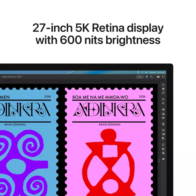 Monitorius Apple Studio Display 27 colių 5K Ultra HD LED — standartinis stiklas, reguliuojamo pasvirimo stovas, 5120×2880, įmontuoti garsiakalbiai, USB centras, sidabrinis