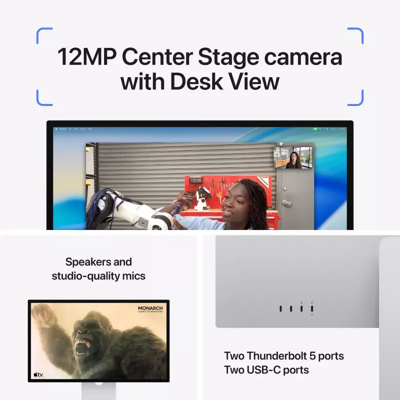 Monitorius Apple Studio Display 27 colių 5K Ultra HD LED — standartinis stiklas, reguliuojamo pasvirimo stovas, 5120×2880, įmontuoti garsiakalbiai, USB centras, sidabrinis