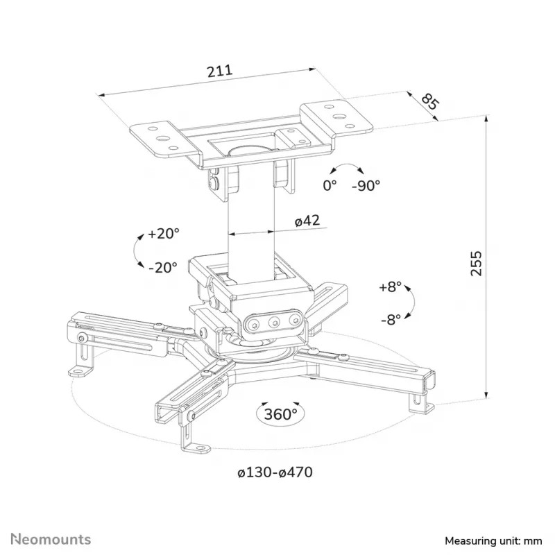 Lubinis projektoriaus laikiklis Neomounts CL25-530WH1 — pilnos eigos, maks. apkrova 45 kg, aukštis 25,5 cm, baltas