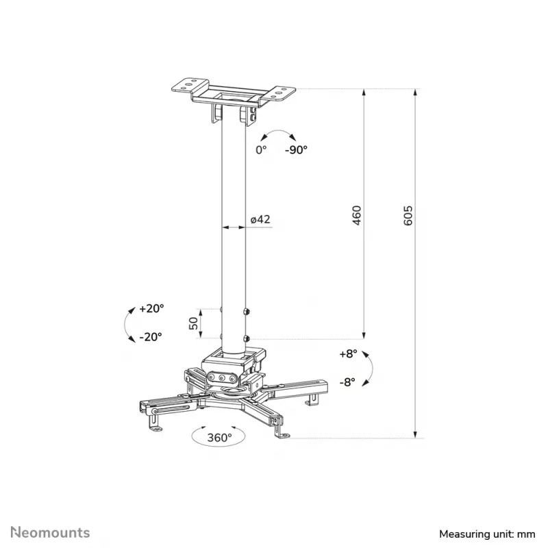 Neomounts CL25-540WH1 projektoriaus lubinis laikiklis - aukštis 60,5-90,5 cm - lengvas montavimas - pilnas judesys