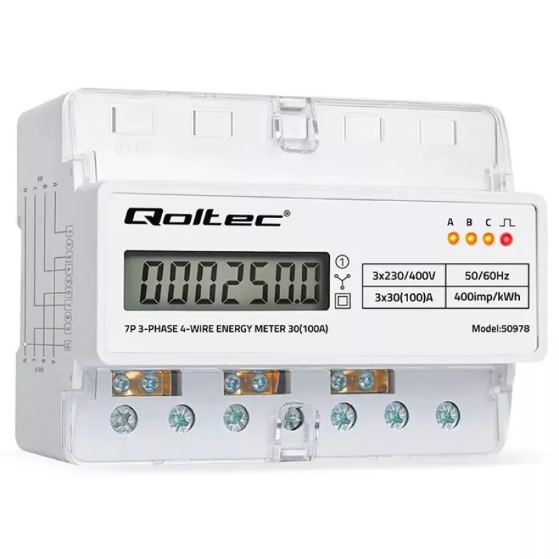 Trifazis DIN bėgio energijos skaitiklis QOLTEC 50978 — 400V, 100A