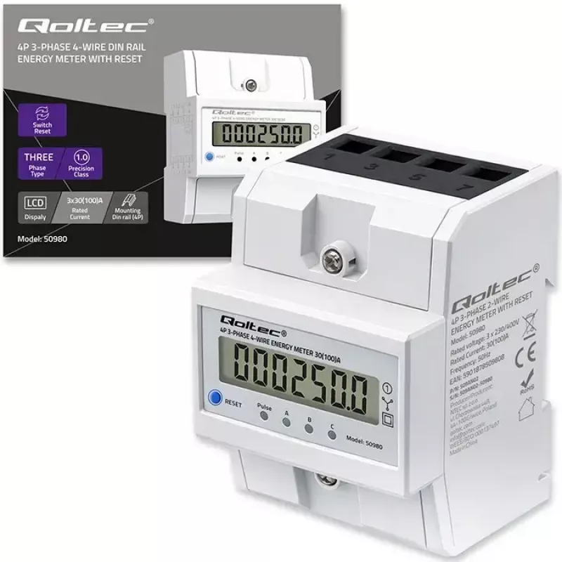 Trifazis elektros energijos skaitiklis QOLTEC 50980 — 400 V, 100 A su nustatymo iš naujo funkcija