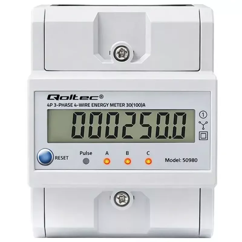 Trifazis elektros energijos skaitiklis QOLTEC 50980 — 400 V, 100 A su nustatymo iš naujo funkcija