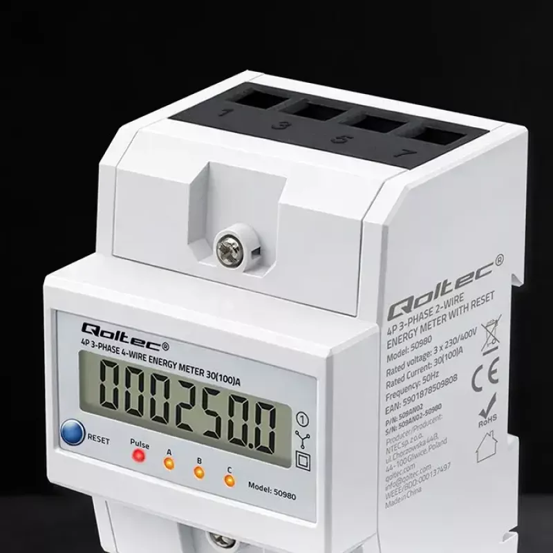 Trifazis elektros energijos skaitiklis QOLTEC 50980 — 400 V, 100 A su nustatymo iš naujo funkcija