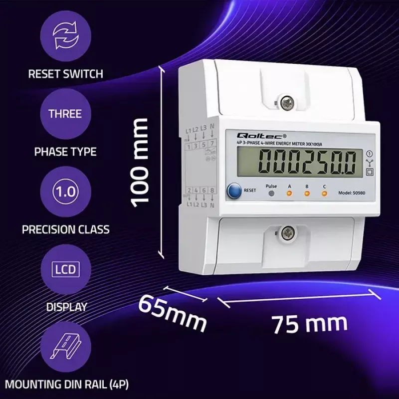 Trifazis elektros energijos skaitiklis QOLTEC 50980 — 400 V, 100 A su nustatymo iš naujo funkcija
