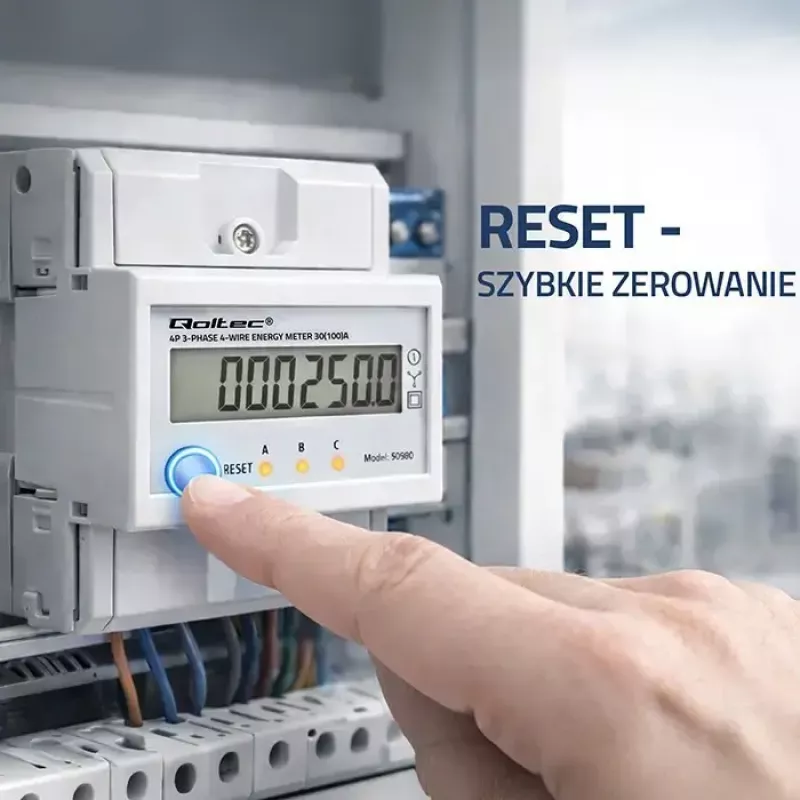 Trifazis elektros energijos skaitiklis QOLTEC 50980 — 400 V, 100 A su nustatymo iš naujo funkcija