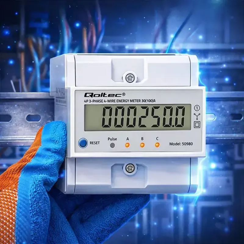 Trifazis elektros energijos skaitiklis QOLTEC 50980 — 400 V, 100 A su nustatymo iš naujo funkcija