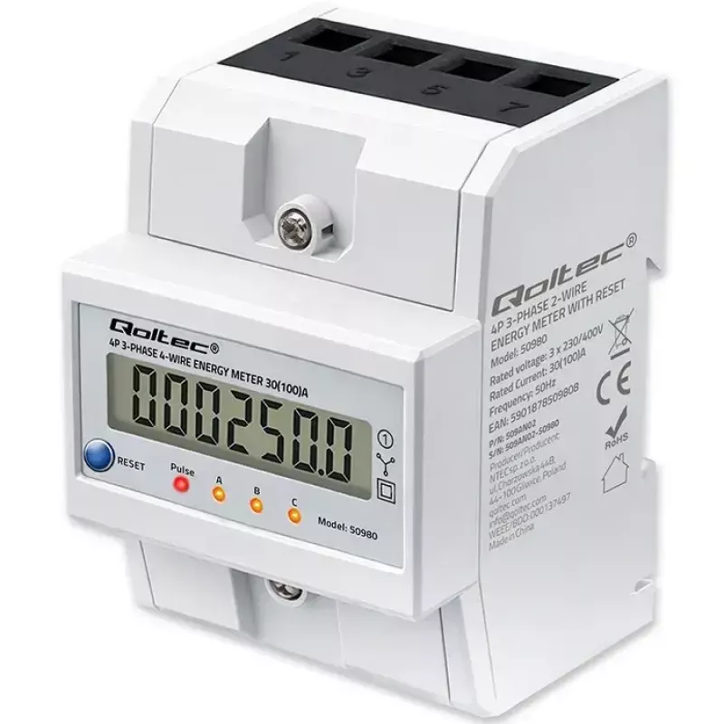 Trifazis elektros energijos skaitiklis QOLTEC 50980 — 400 V, 100 A su nustatymo iš naujo funkcija