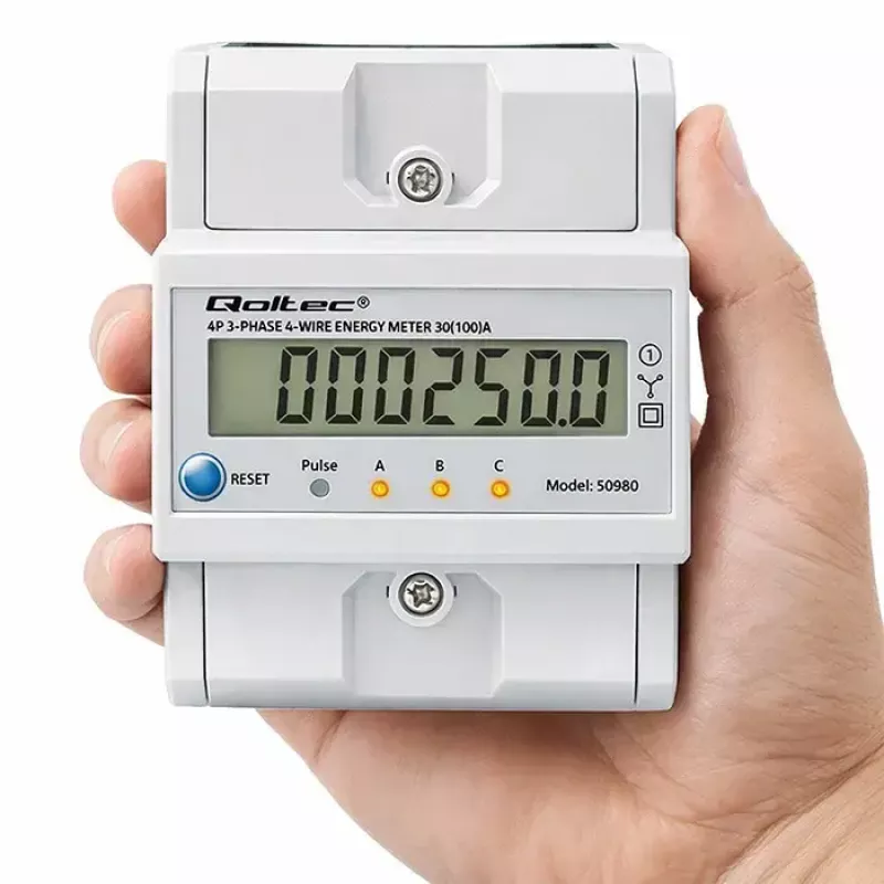 Trifazis elektros energijos skaitiklis QOLTEC 50980 — 400 V, 100 A su nustatymo iš naujo funkcija