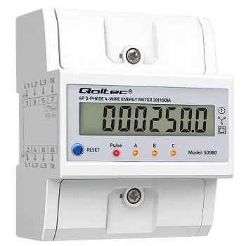 Trifazis elektros energijos skaitiklis QOLTEC 50980 — 400 V, 100 A su nustatymo iš naujo funkcija