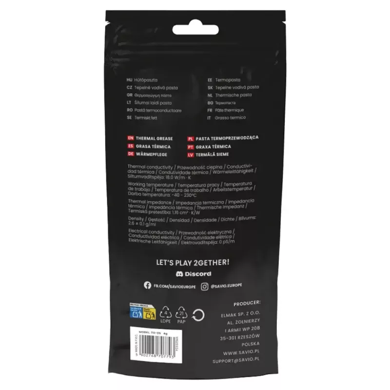 Termo pasta SAVIO TG-05 1 g — šilumos laidumas 18 W/m·K, pilka, tankis 2,6 g/cm³