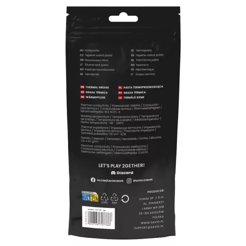 Termopasta SAVIO TG-05 2g — šilumos laidumas 18 W/m·K, 2 ml