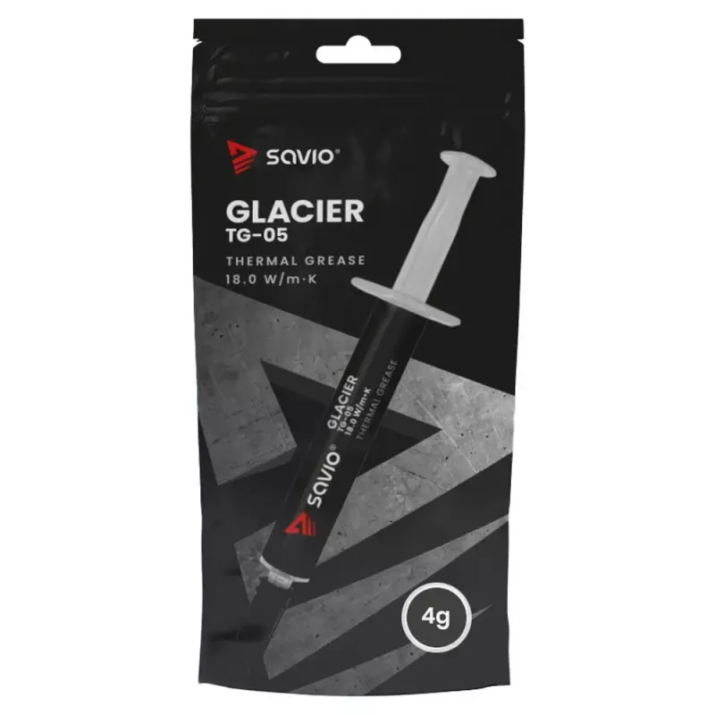 Termopasta SAVIO TG-05 4g — šilumos laidumas 18 W/m·K, klampumas 2,6 g/ml