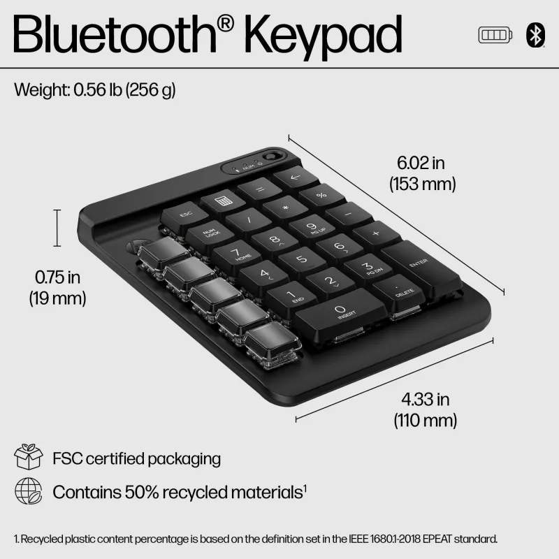 HP 430 Programmable Wireless Keypad, Wireless, Bluetooth, Mechanical, Black