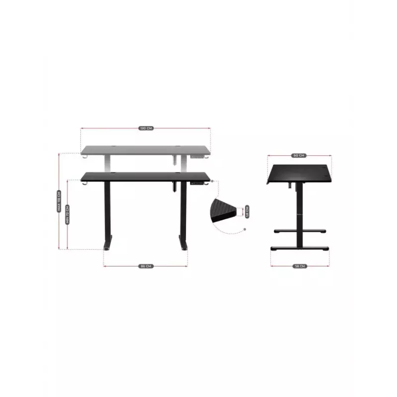 Tiesus žaidimų stalas Huzaro Hero 8.2 Juoda MDF stačiakampis 1200x600 mm, reguliuojamas aukštis 720–1180 mm, 80 kg apkrova