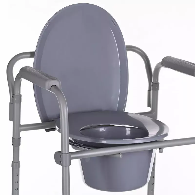 Sulankstomas tualeto krėslas ANTAR su porankiais, dėtuvės dėžute, plieniniu rėmu, reguliuojamu aukščiu 35–50 cm, maksimali apkrova 120 kg, pilkas