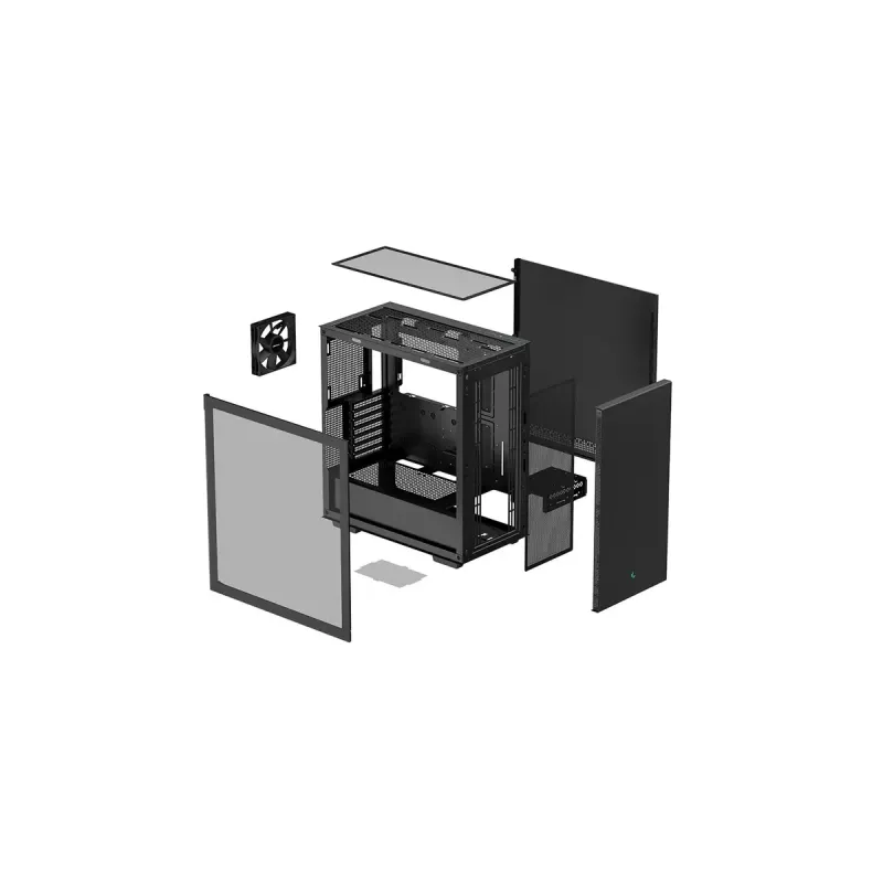 PC korpusas DeepCool CH510 Midi Tower Juoda — grūdintas stiklas, microATX/ATX, palaiko 360 mm priekinius/viršutinius radiatorius, maks. GPU 38 cm, PSU apačioje, 7 išplėtimo lizdai