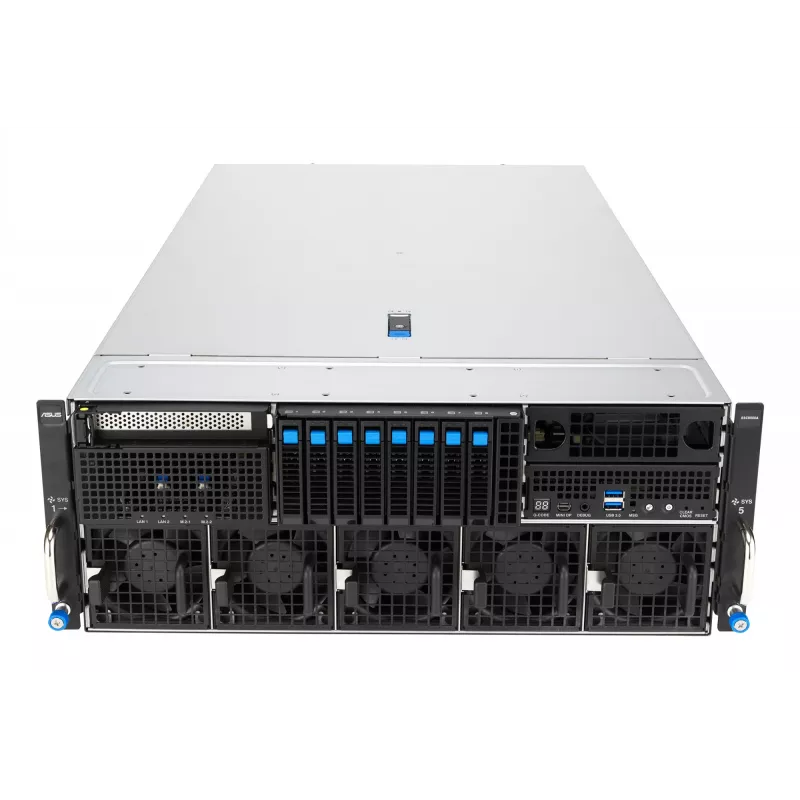 Stovo serveris ASUS ESC8000A-E13 (4U) sidabrinis — LGA 6096, AMD EPYC, DDR5, iki 3 TB, 24 DIMM, 2× CPU, 3200 W maitinimo blokas