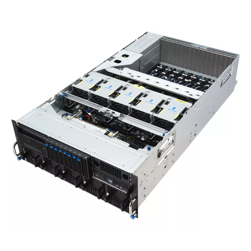 Stovo serveris ASUS ESC8000A-E13 (4U) sidabrinis — LGA 6096, AMD EPYC, DDR5, iki 3 TB, 24 DIMM, 2× CPU, 3200 W maitinimo blokas