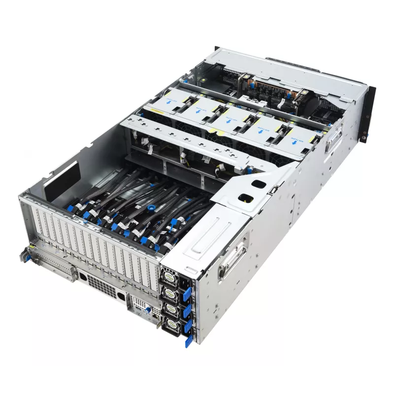 Stovo serveris ASUS ESC8000A-E13 (4U) sidabrinis — LGA 6096, AMD EPYC, DDR5, iki 3 TB, 24 DIMM, 2× CPU, 3200 W maitinimo blokas