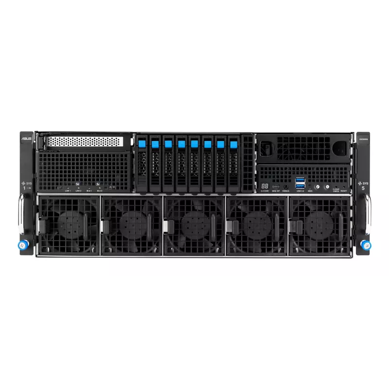 Stovo serveris ASUS ESC8000A-E13 (4U) sidabrinis — LGA 6096, AMD EPYC, DDR5, iki 3 TB, 24 DIMM, 2× CPU, 3200 W maitinimo blokas
