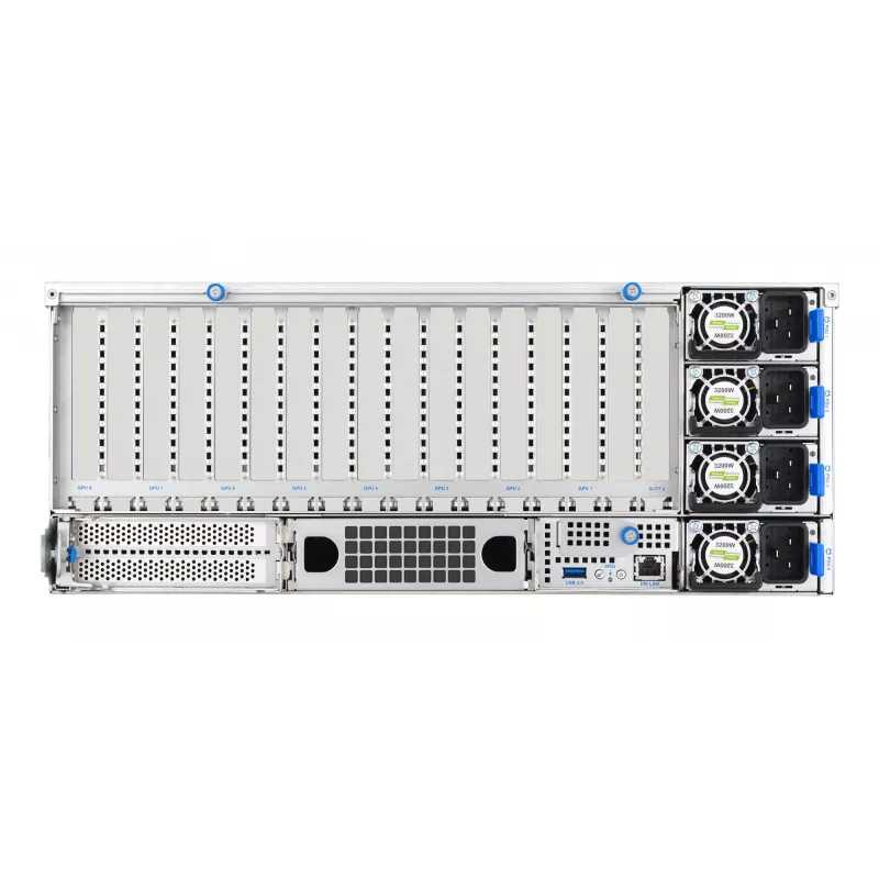 Stovo serveris ASUS ESC8000A-E13 (4U) sidabrinis — LGA 6096, AMD EPYC, DDR5, iki 3 TB, 24 DIMM, 2× CPU, 3200 W maitinimo blokas