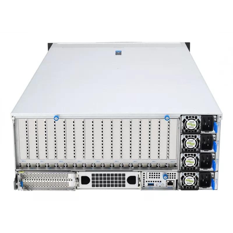 Stovo serveris ASUS ESC8000A-E13 (4U) sidabrinis — LGA 6096, AMD EPYC, DDR5, iki 3 TB, 24 DIMM, 2× CPU, 3200 W maitinimo blokas