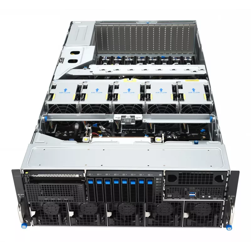 Stovo serveris ASUS ESC8000A-E13 (4U) sidabrinis — LGA 6096, AMD EPYC, DDR5, iki 3 TB, 24 DIMM, 2× CPU, 3200 W maitinimo blokas