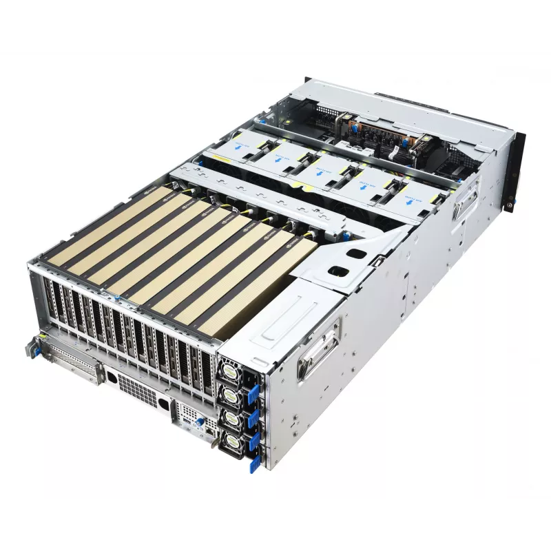 Stovo serveris ASUS ESC8000A-E13 (4U) sidabrinis — LGA 6096, AMD EPYC, DDR5, iki 3 TB, 24 DIMM, 2× CPU, 3200 W maitinimo blokas