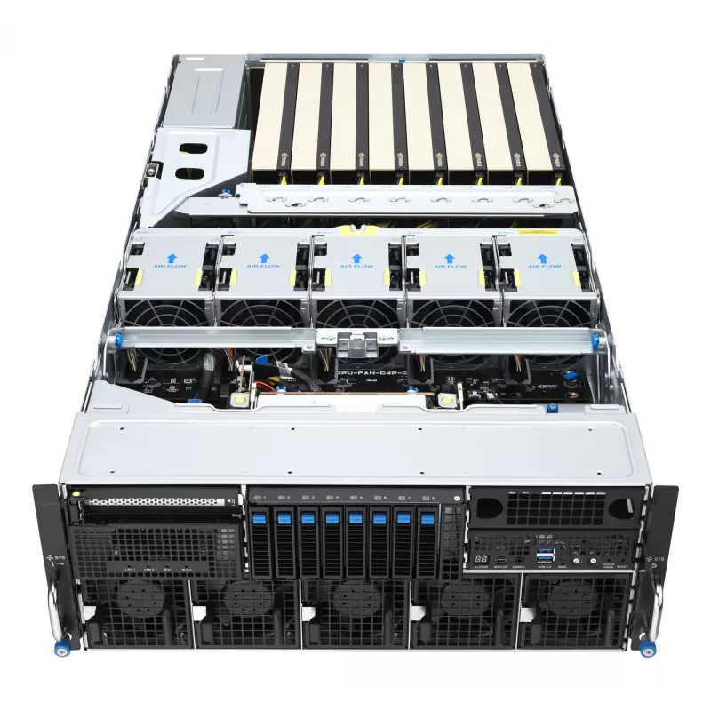Stovo serveris ASUS ESC8000A-E13 (4U) sidabrinis — LGA 6096, AMD EPYC, DDR5, iki 3 TB, 24 DIMM, 2× CPU, 3200 W maitinimo blokas