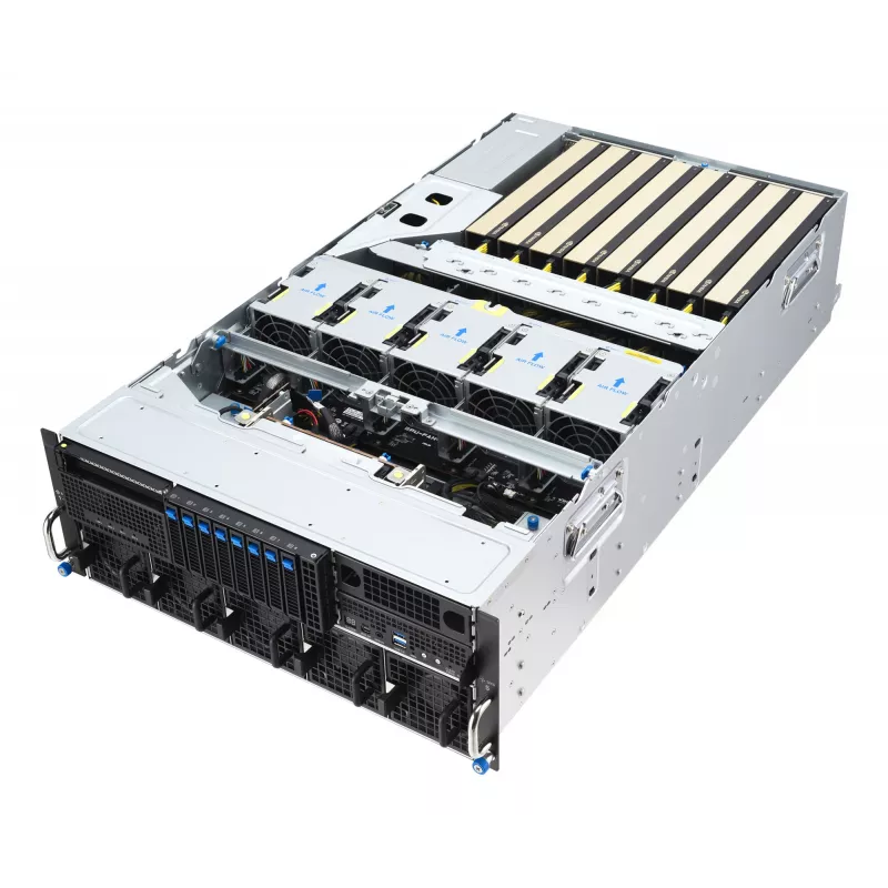 Stovo serveris ASUS ESC8000A-E13 (4U) sidabrinis — LGA 6096, AMD EPYC, DDR5, iki 3 TB, 24 DIMM, 2× CPU, 3200 W maitinimo blokas