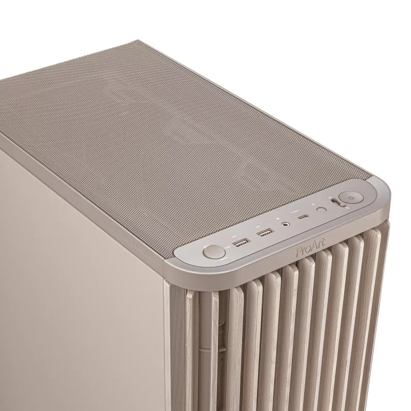 PC korpusas ASUS ProArt PA401 Wood Edition smėlio spalvos — vidutinio dydžio bokštas, metalinis priekinis skydelis