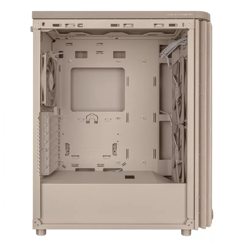 PC korpusas ASUS ProArt PA401 Wood Edition smėlio spalvos — vidutinio dydžio bokštas, metalinis priekinis skydelis