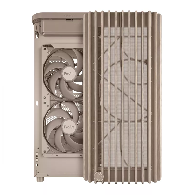 PC korpusas ASUS ProArt PA401 Wood Edition smėlio spalvos — vidutinio dydžio bokštas, metalinis priekinis skydelis