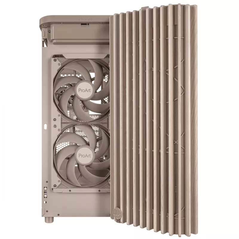 PC korpusas ASUS ProArt PA401 Wood Edition smėlio spalvos — vidutinio dydžio bokštas, metalinis priekinis skydelis