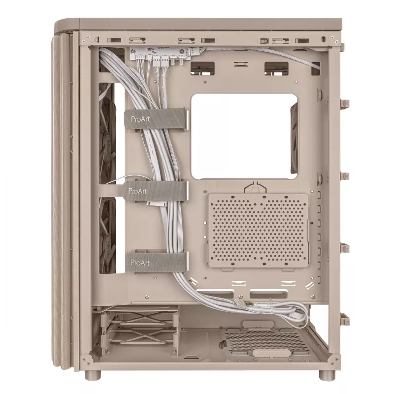 PC korpusas ASUS ProArt PA401 Wood Edition smėlio spalvos — vidutinio dydžio bokštas, metalinis priekinis skydelis