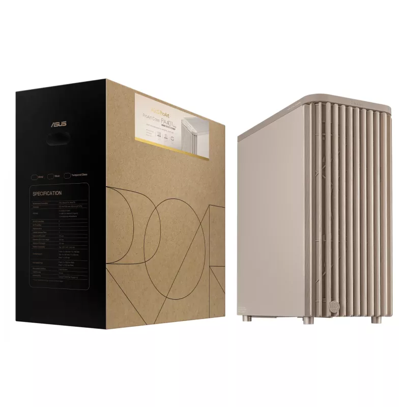 PC korpusas ASUS ProArt PA401 Wood Edition smėlio spalvos — vidutinio dydžio bokštas, metalinis priekinis skydelis