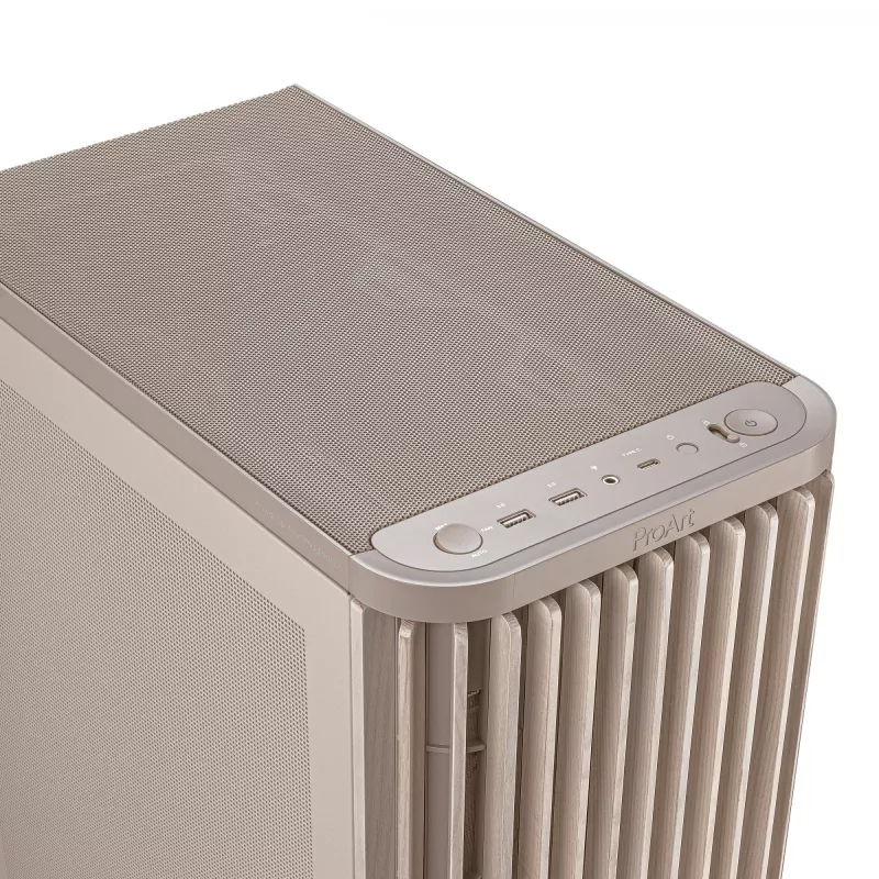 PC korpusas ASUS ProArt PA401 Wood Mesh PWM smėlio spalvos — ATX, mediena, 2×160 mm priekyje, 1×120 mm gale, 2×3,5 colio + 2×2,5 colio lizdai
