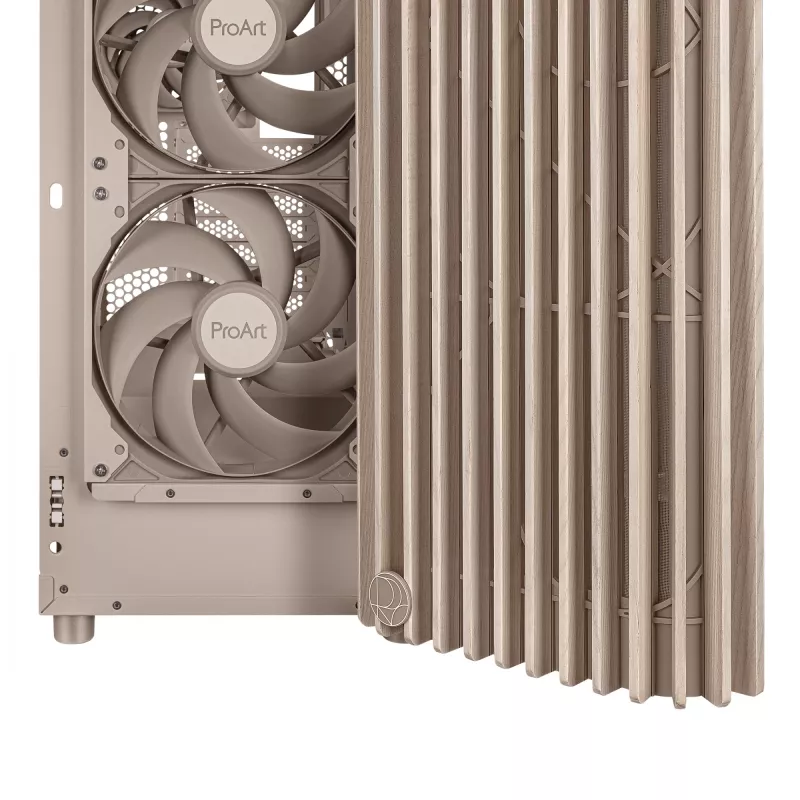 PC korpusas ASUS ProArt PA401 Wood Mesh PWM smėlio spalvos — ATX, mediena, 2×160 mm priekyje, 1×120 mm gale, 2×3,5 colio + 2×2,5 colio lizdai