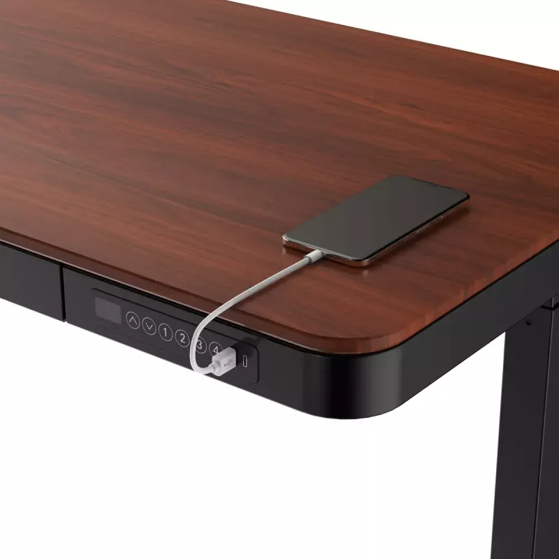 Stalas ActiveJet ET119W-C elektrinis reguliuojamo aukščio stalas 140x70 cm juoda/riešutmedžio spalva su USB-A ir USB-C prievadais