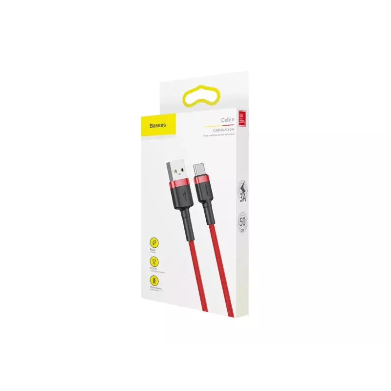 USB-A – USB-C laidas Baseus Cafule — USB 2.0 A→C, QC3.0 įkrovimo palaikymas, nailono pynė, raudona