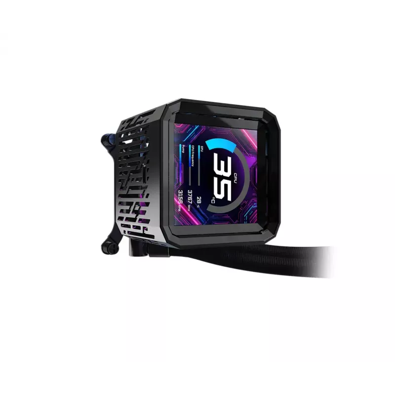 Skysčio aušinimo rinkinys ASRock Phantom Gaming 360 LCD — 120 mm ventiliatoriai, LGA1700/AM5/AM4, juoda