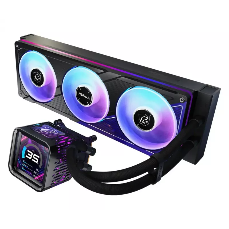 Skysčio aušinimo rinkinys ASRock Phantom Gaming 360 LCD — 120 mm ventiliatoriai, LGA1700/AM5/AM4, juoda
