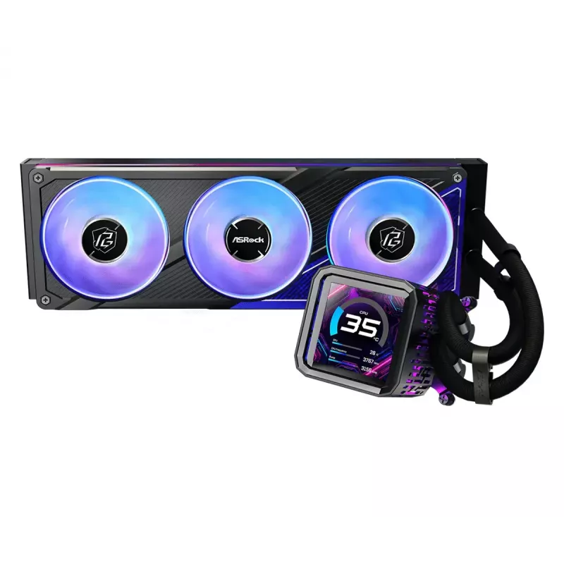 Skysčio aušinimo rinkinys ASRock Phantom Gaming 360 LCD — 120 mm ventiliatoriai, LGA1700/AM5/AM4, juoda