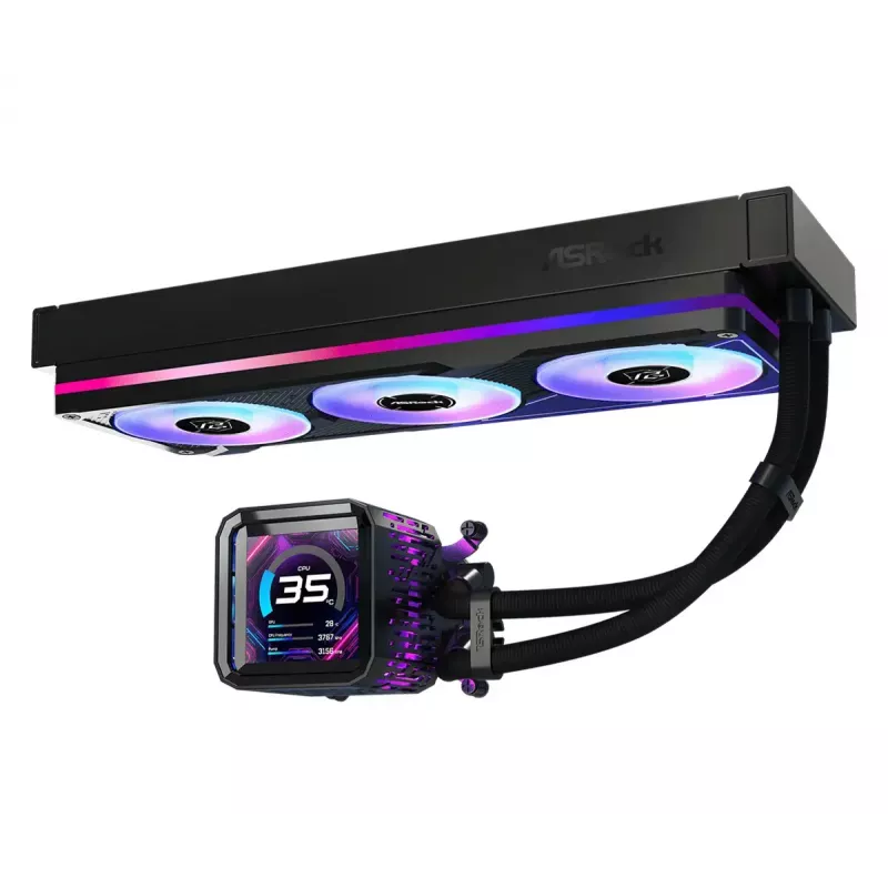 Skysčio aušinimo rinkinys ASRock Phantom Gaming 360 LCD — 120 mm ventiliatoriai, LGA1700/AM5/AM4, juoda